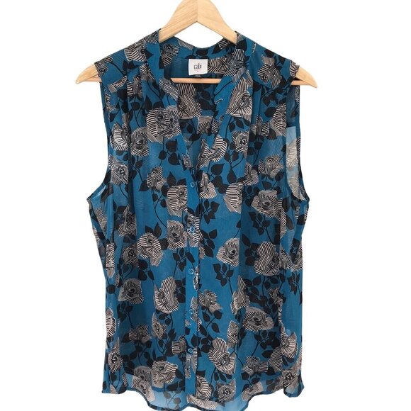 Cabi Womens Sleeveless Floral Woodblock Print Engrave Top size large blue - Picture 1 of 11